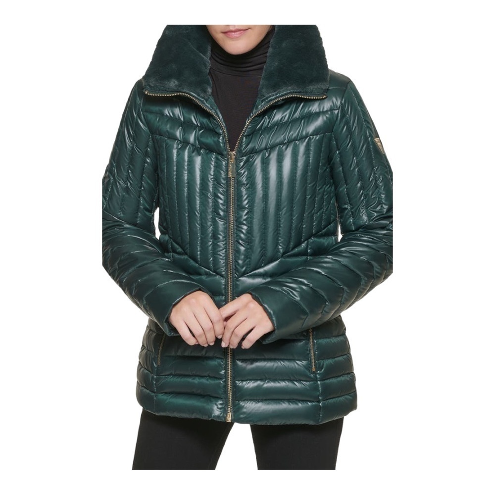 Guess Faux Fur Collar Puffer Jacket in spring green